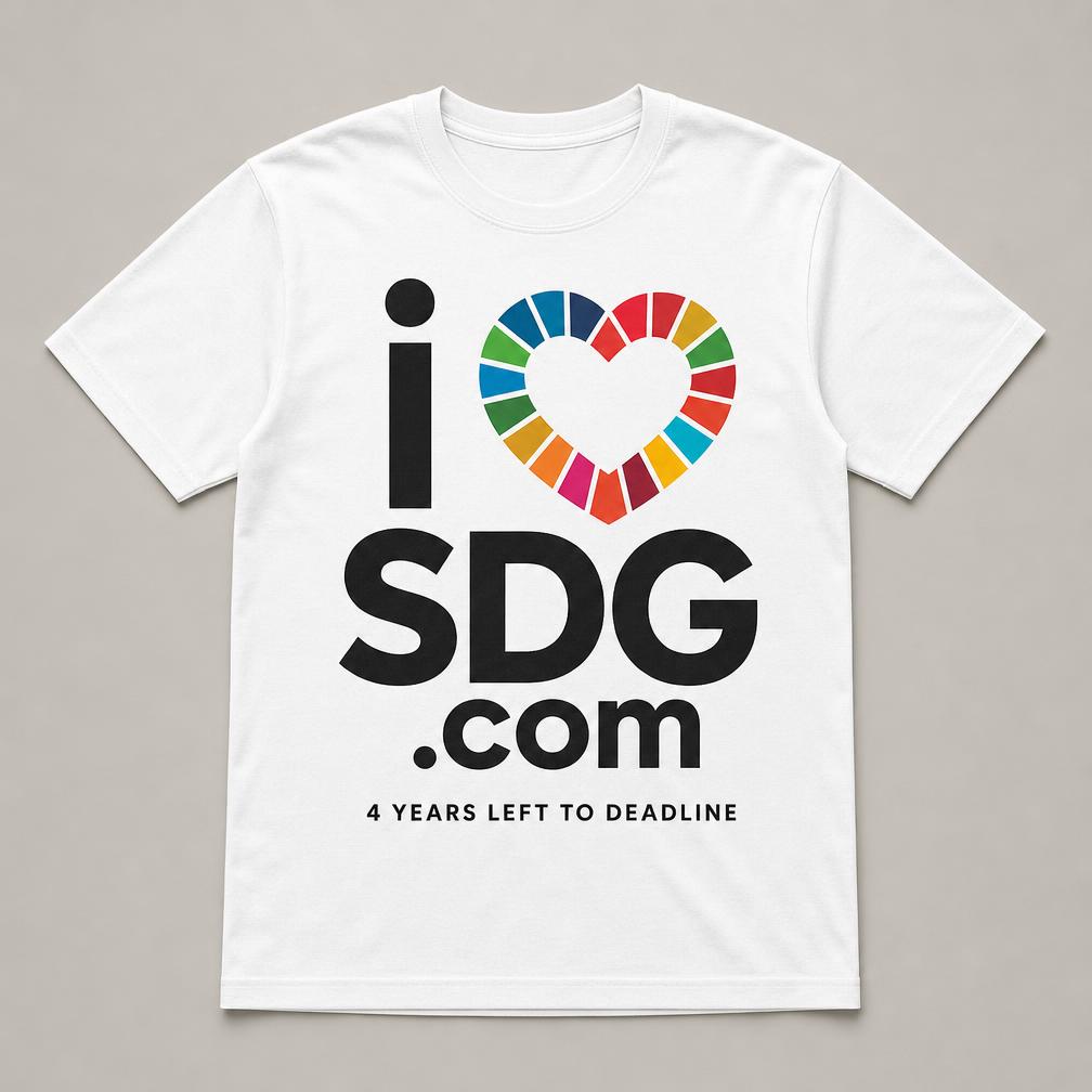 Flat mockup of the white iHeartSDG.com t-shirt with a heart made of SDG colour segments